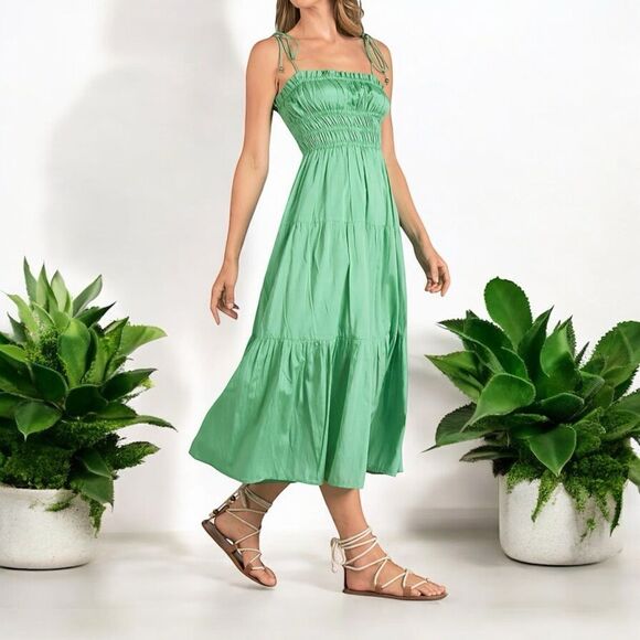 ELAN Women’s Smocked Tiered Midi Dress in the Size Large in Mint Green Color - Picture 4 of 10